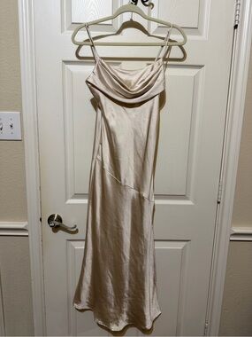 Brand New Selfie Leslie Champagne Satin Cowl Midi Slip Dress
